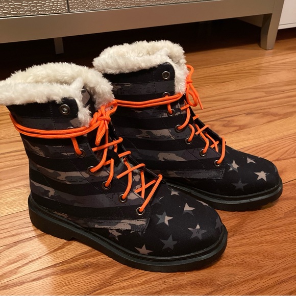 NEW RAAD Camo Stars Stripes Work Boots 8.0 8.5 Camouflage Green Black Shearling - Picture 2 of 12